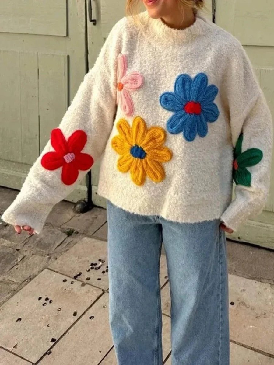 Oversized trui met gebreide bloemapplicaties voor dames