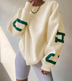 Oversized trui met grafische print en ruime pasvorm voor dames in beige