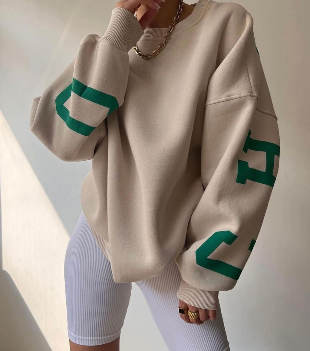 Oversized trui met grafische print en ruime pasvorm voor dames in khaki