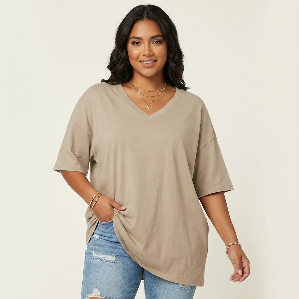 Oversized T-shirt met V-hals in beige