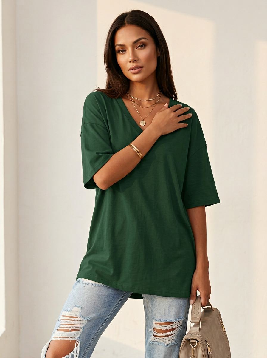 Oversized T-shirt met V-hals in donkergroen
