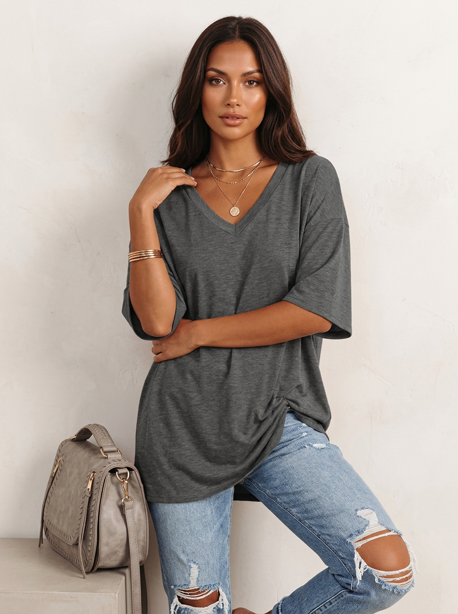 Oversized T-shirt met V-hals in donkergrijs