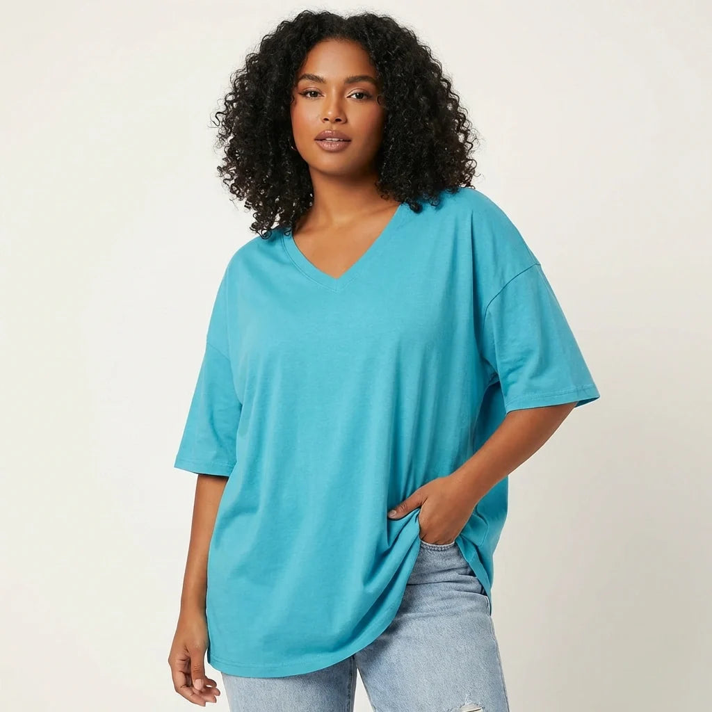 Oversized T-shirt met V-hals in lichtblauw