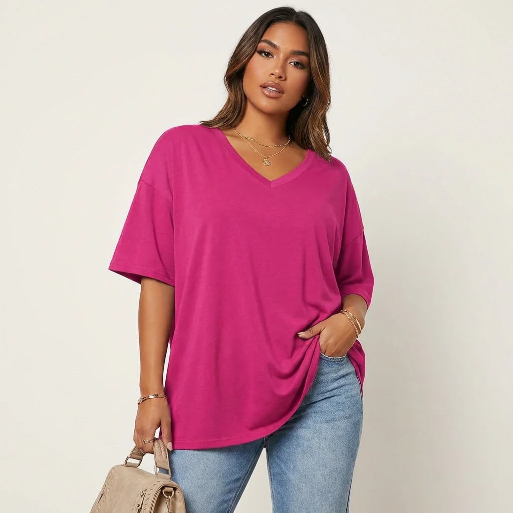 Oversized T-shirt met V-hals in fuchsia