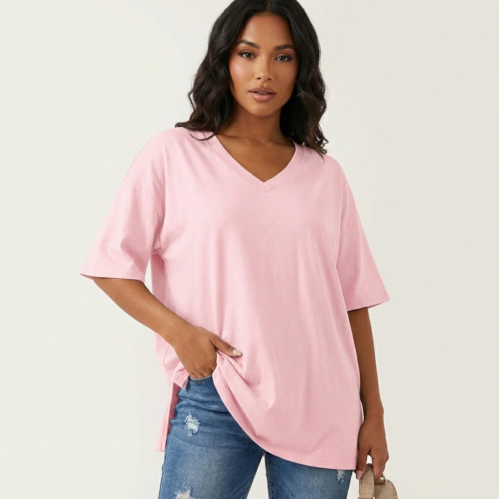Oversized T-shirt met V-hals in roze