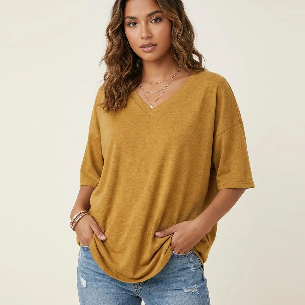 Oversized T-shirt met V-hals in bruin
