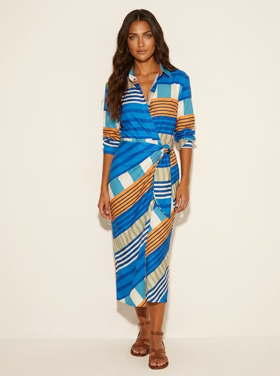 Overslagjurk met print en tailleband in blauw/bruin
