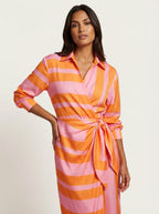 Overslagjurk met print en tailleband in oranje/roze
