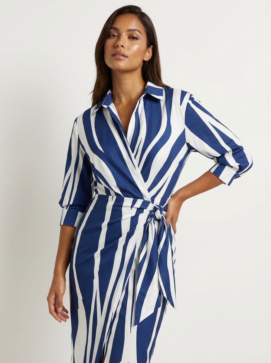Overslagjurk met print en tailleband in donker blauw
