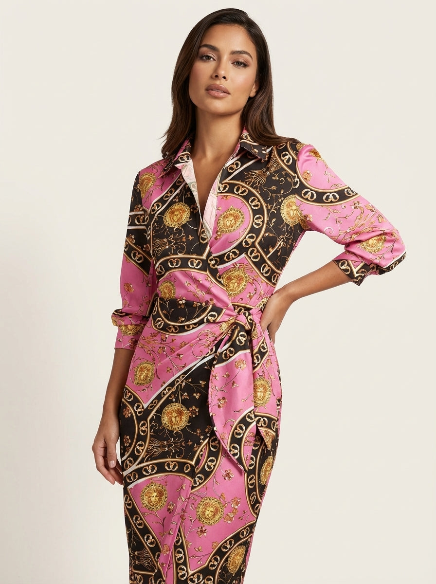 Overslagjurk met print en tailleband in roze/bruin