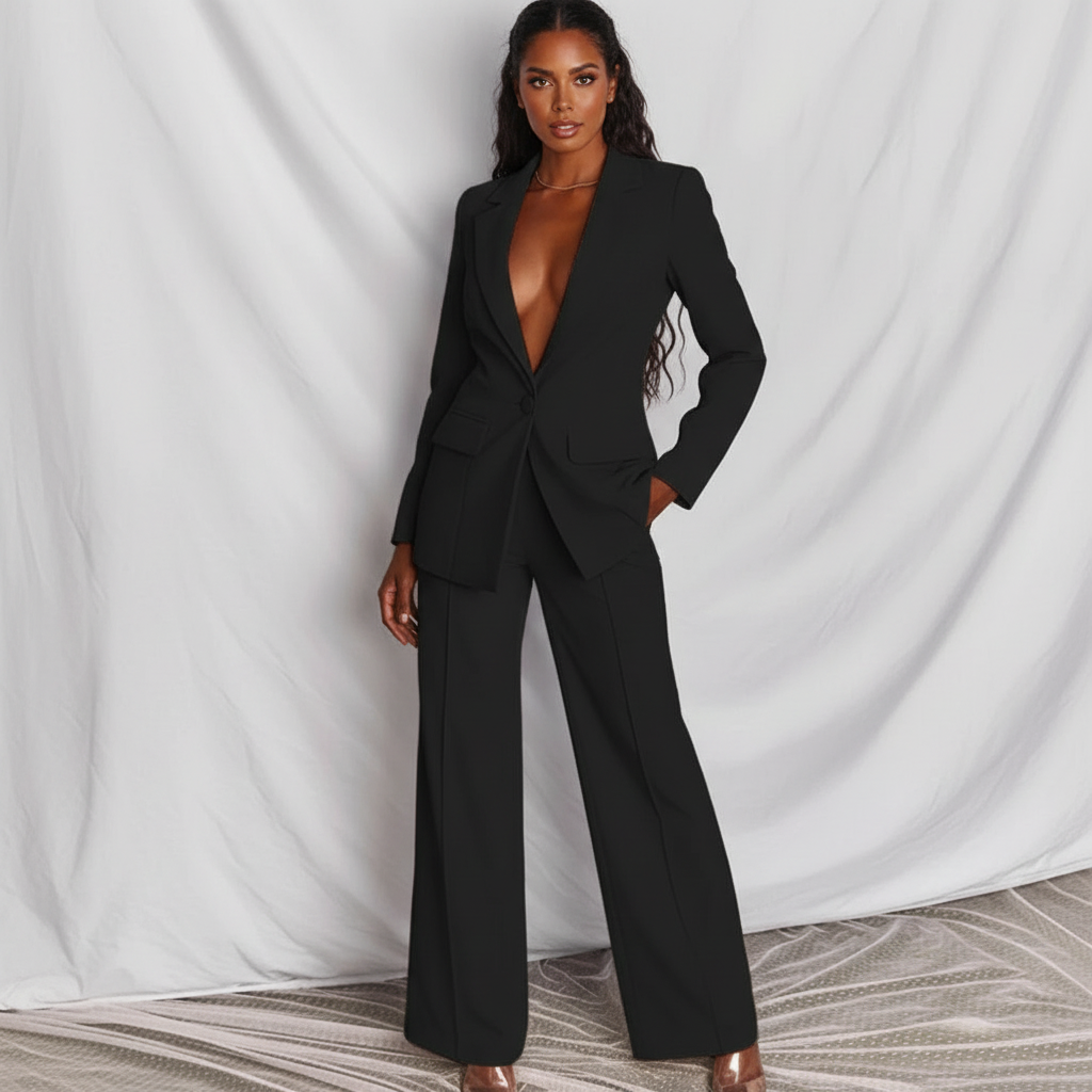 Pak met getailleerde blazer en wide-leg broek voor dames in zwart