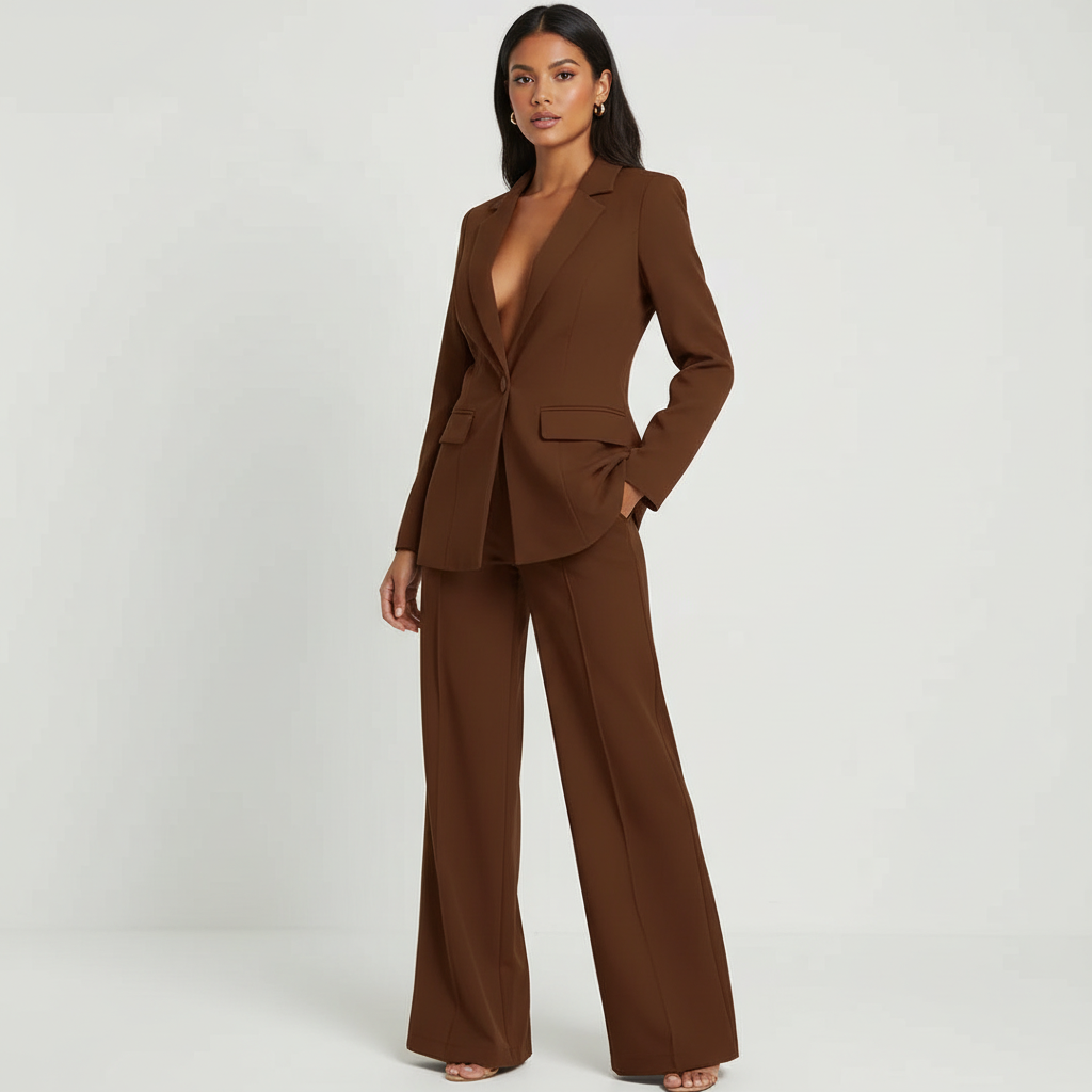 Pak met getailleerde blazer en wide-leg broek voor dames in bruin