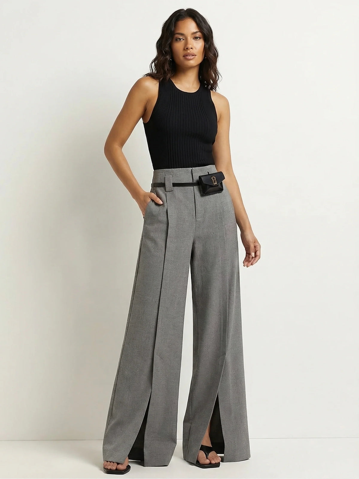 Palazzo broek met hoge taille en split detail in grijs