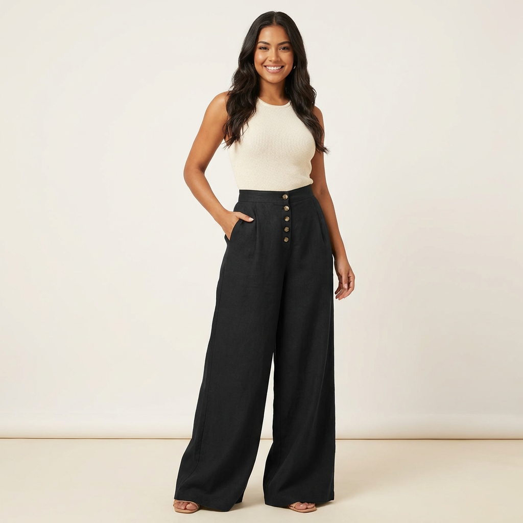 Palazzobroek met hoge taille en knoopsluiting in zwart