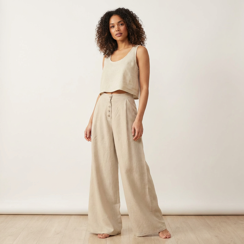 Palazzobroek met hoge taille en knoopsluiting in beige