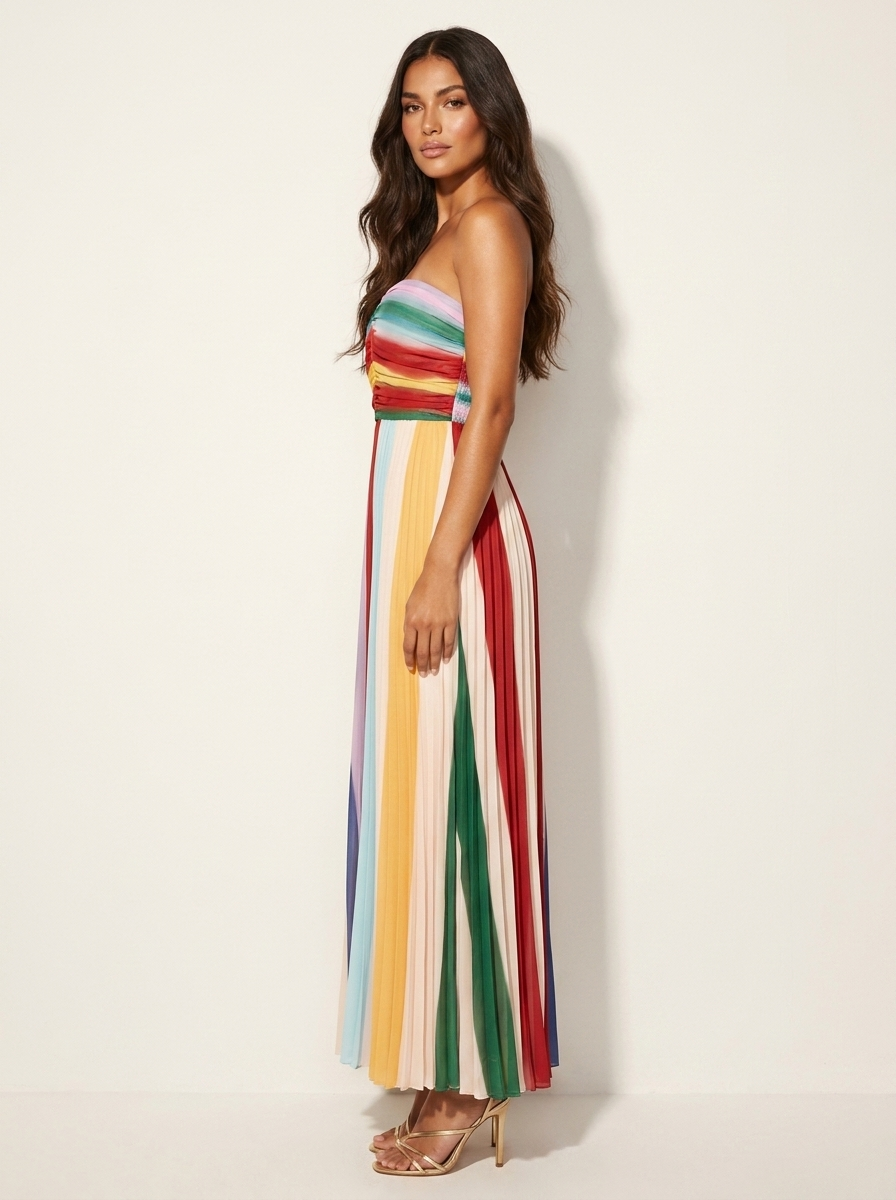 Plissé maxi jurk met strapless ontwerp