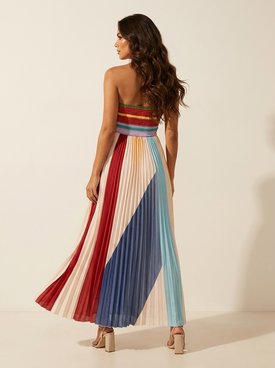 Plissé maxi jurk met strapless ontwerp