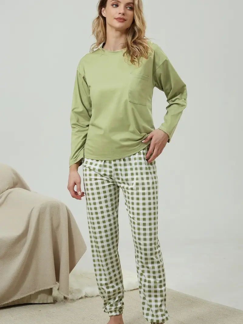 Pyjamaset met lange mouwen en geruite broek voor dames in groen