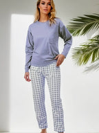 Pyjamaset met lange mouwen en geruite broek voor dames in grijs