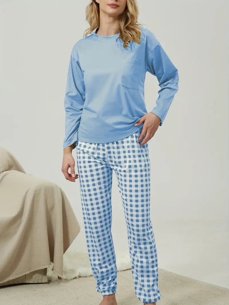 Pyjamaset met lange mouwen en geruite broek voor dames in blauw