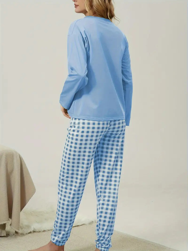 Pyjamaset met lange mouwen en geruite broek voor dames