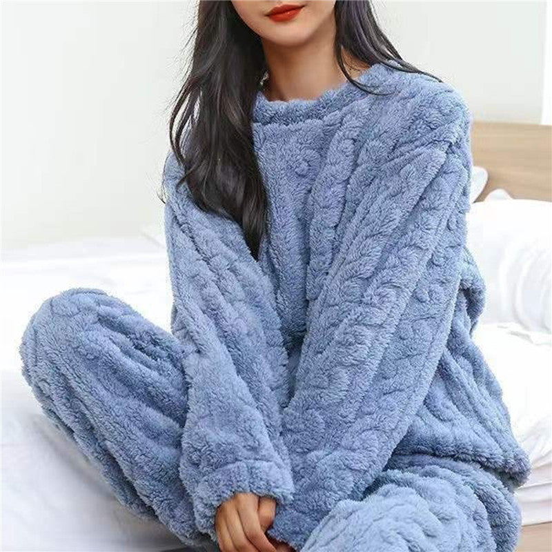 Pyjamaset met kabelstructuur en ronde hals voor dames in blauw