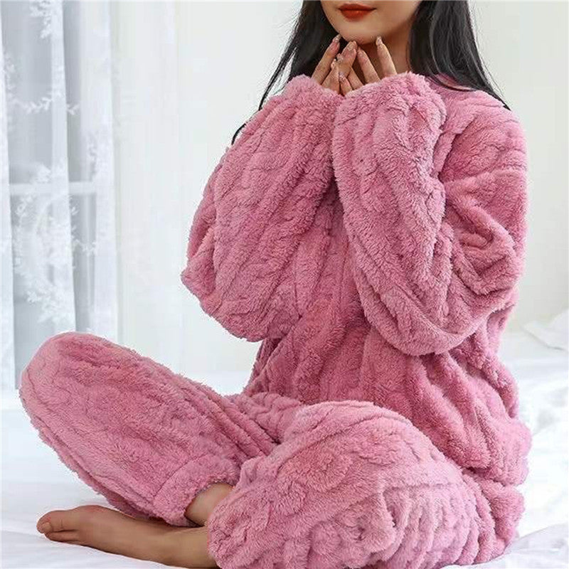 Pyjamaset met kabelstructuur en ronde hals voor dames in roze