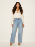 Rechte jeans met hoge taille en glitterdetails voor dames in blauw