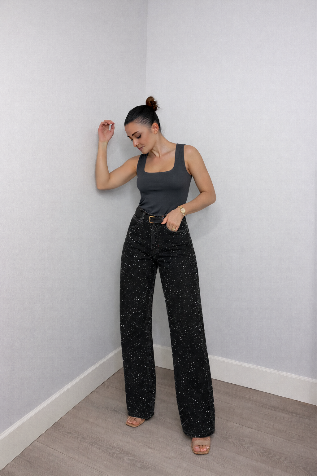 Rechte jeans met hoge taille en glitterdetails voor dames