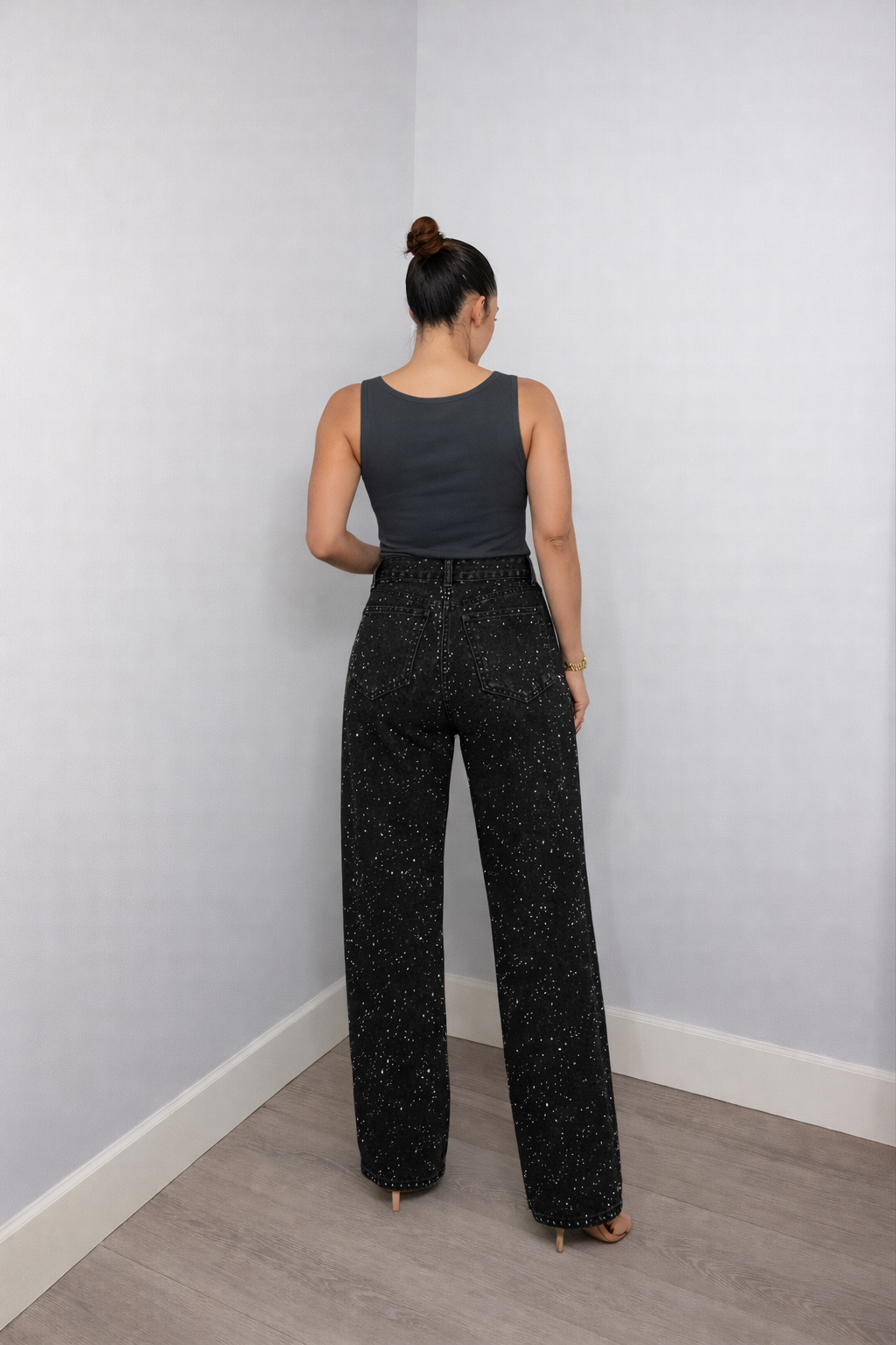 Rechte jeans met hoge taille en glitterdetails voor dames