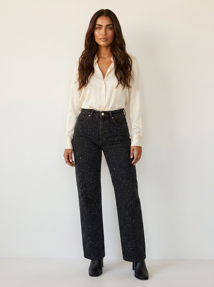 Rechte jeans met hoge taille en glitterdetails voor dames in zwart