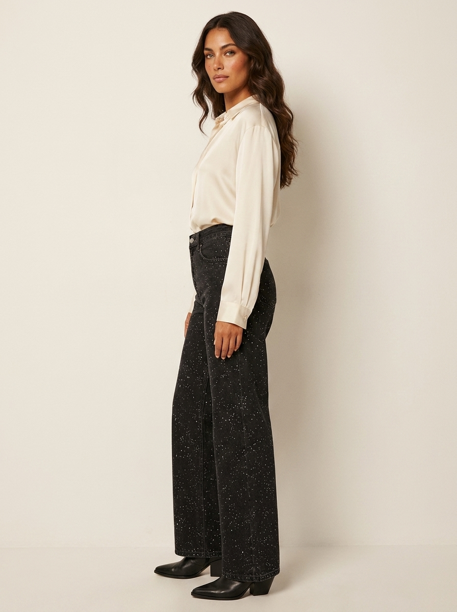 Rechte jeans met hoge taille en glitterdetails voor dames