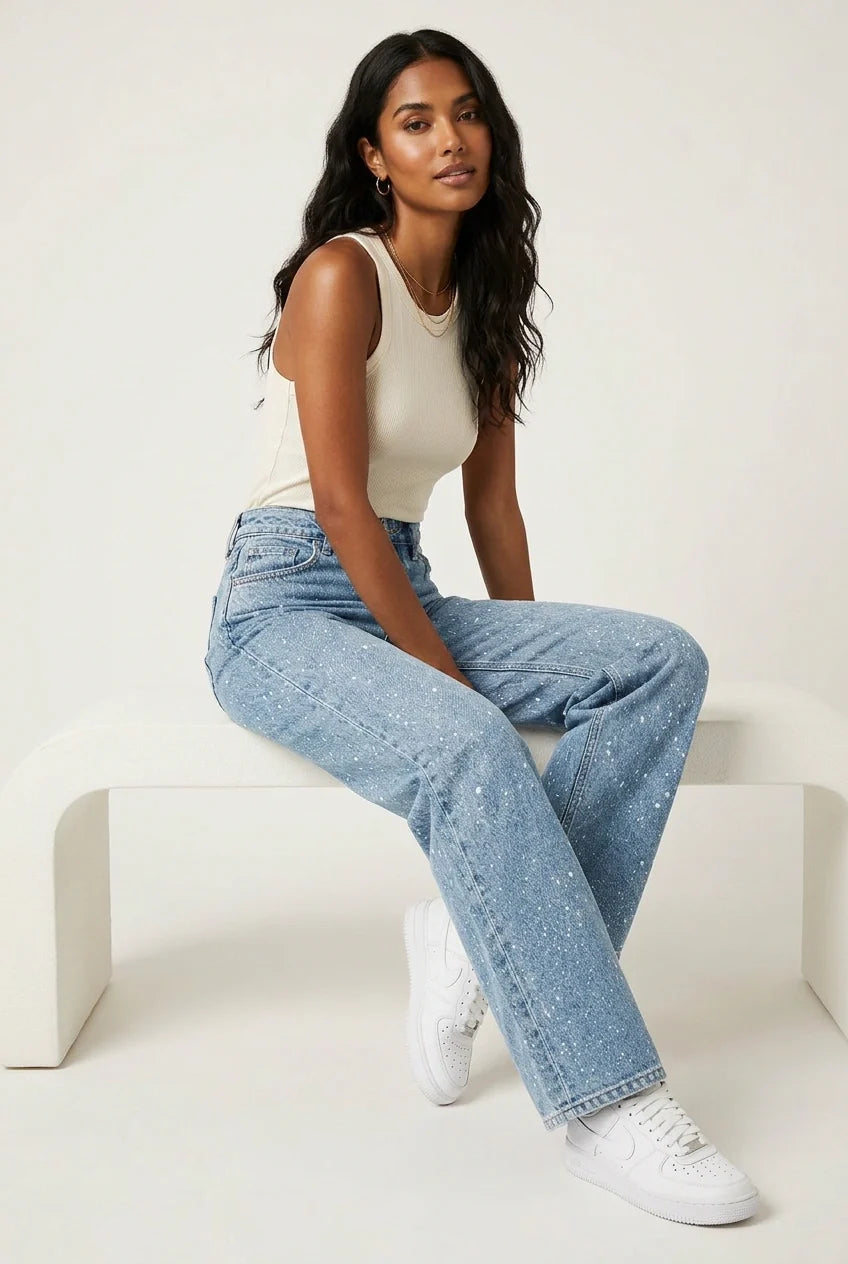 Rechte jeans met hoge taille en glitterdetails voor dames
