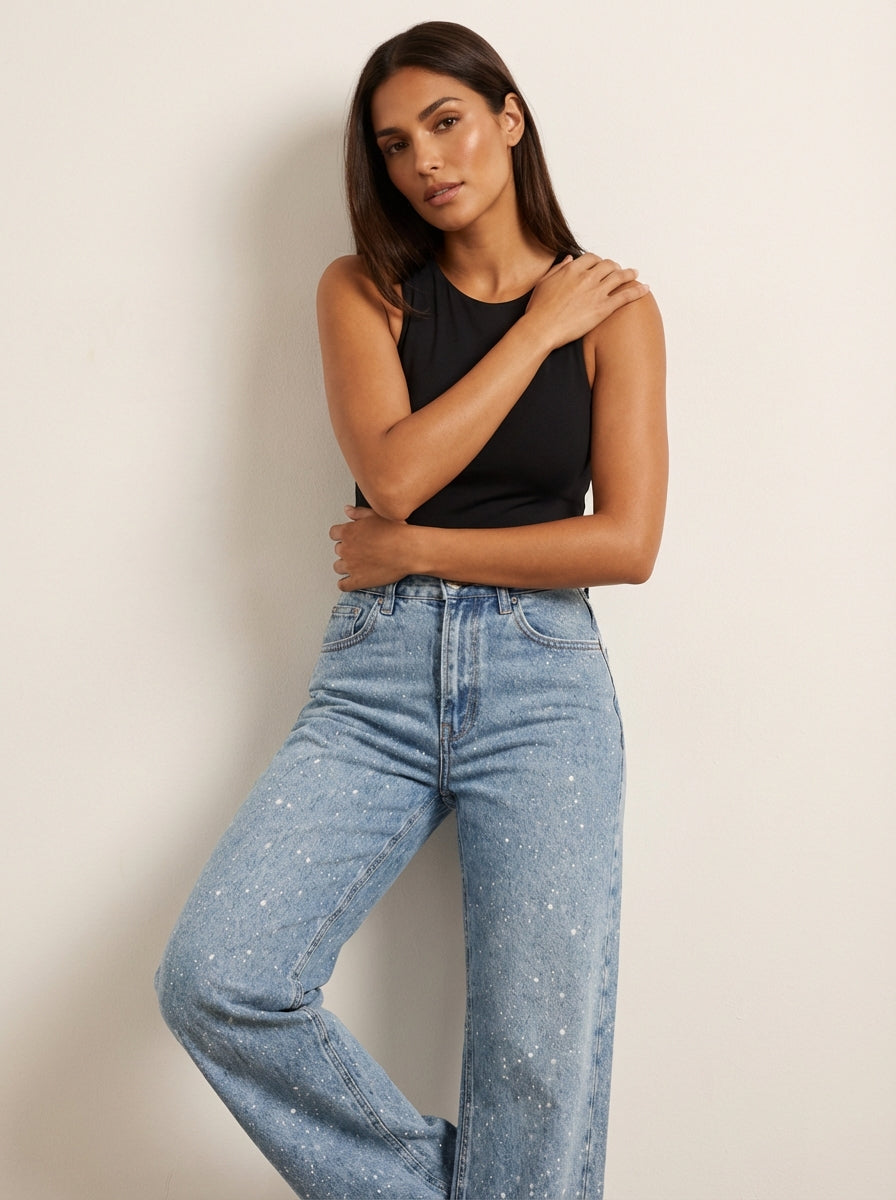 Rechte jeans met hoge taille en glitterdetails voor dames