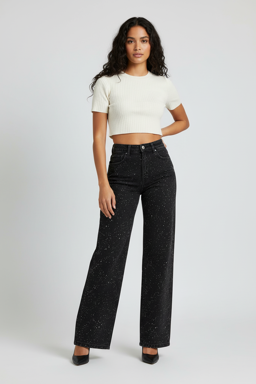 Rechte jeans met hoge taille en glitterdetails voor dames