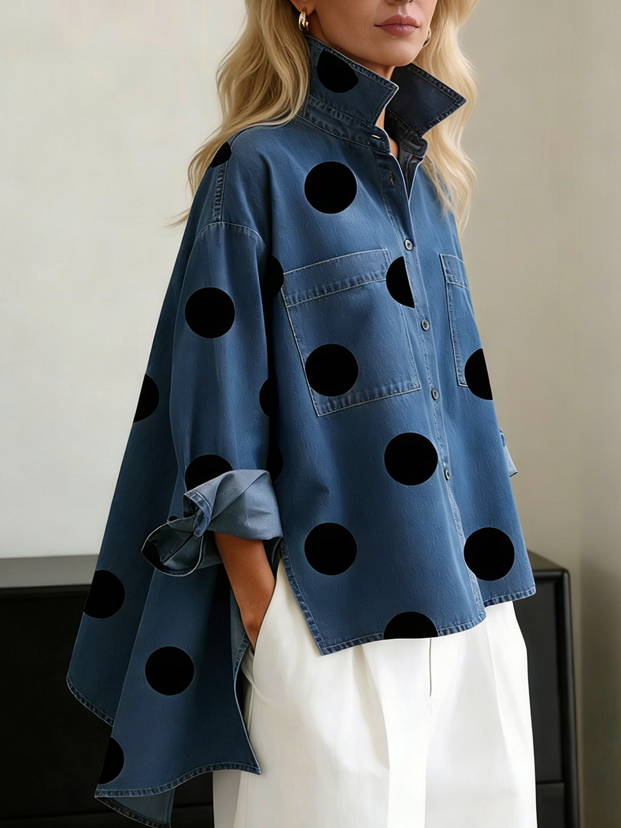 Relaxte top met stippenprint en lange mouwen voor dames in blauw