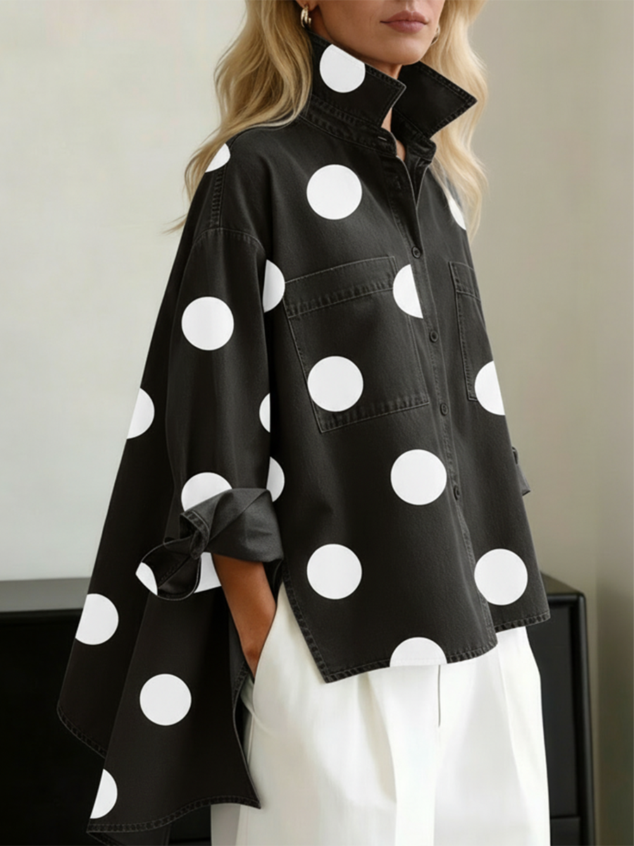 Relaxte top met stippenprint en lange mouwen voor dames in zwart