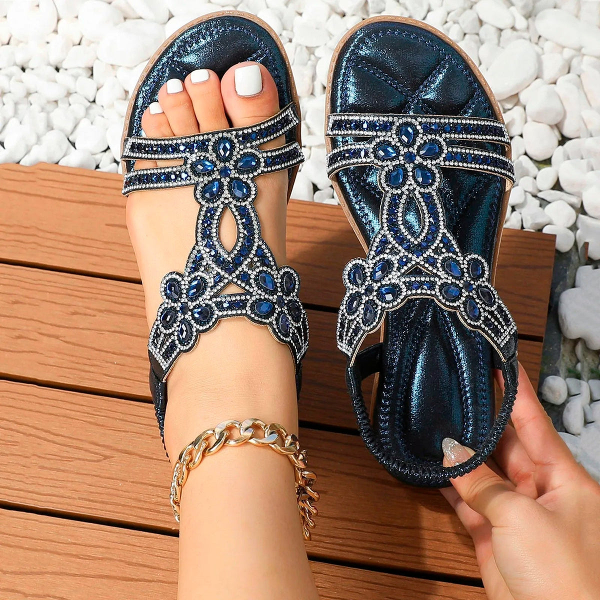 Sandalen met strassdetails en elastische hielband voor dames in blauw
