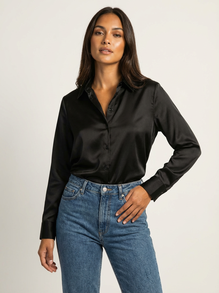Satijnen blouse met klassieke kraag in zwart