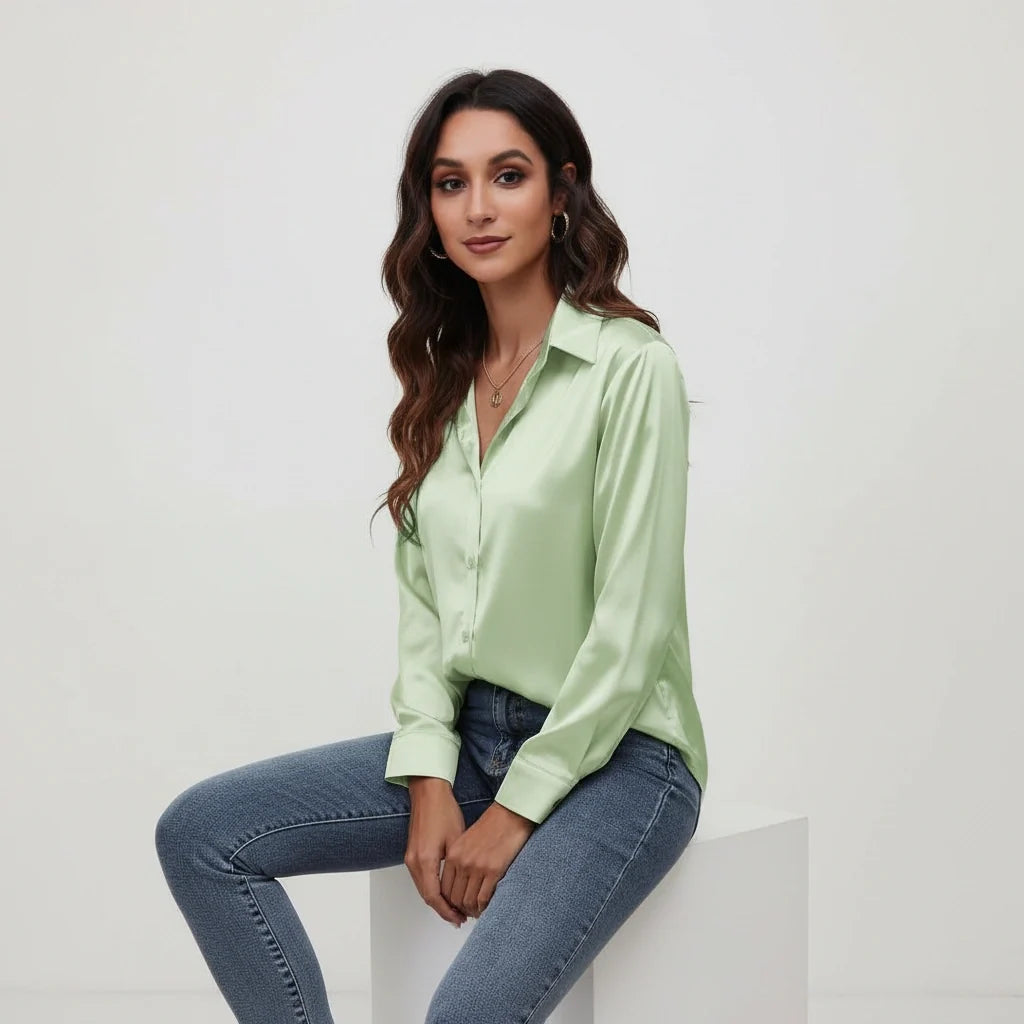 Satijnen blouse met klassieke kraag in licht groen