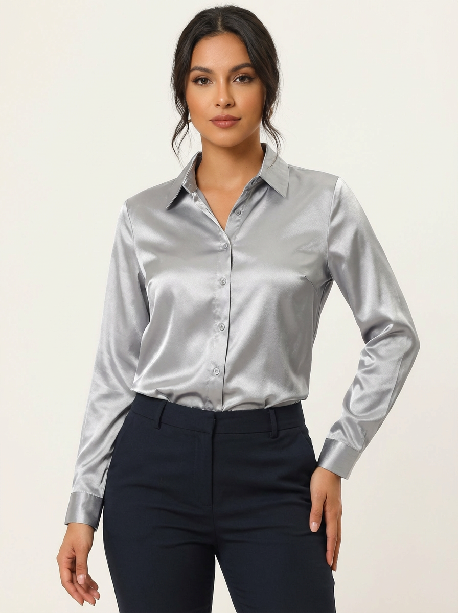 Satijnen blouse met kraag en knoopsluiting in grijs