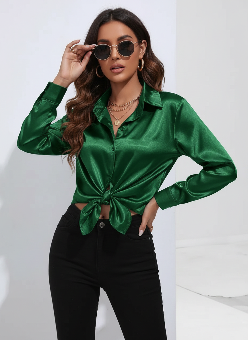 Satijnen blouse met kraag en knoopsluiting in donker groen