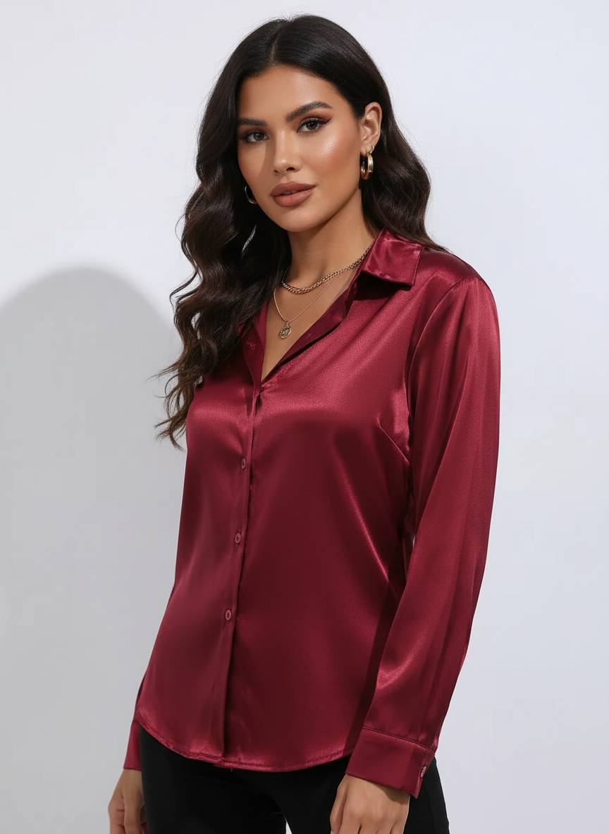 Satijnen blouse met kraag en knoopsluiting in bordeaux
