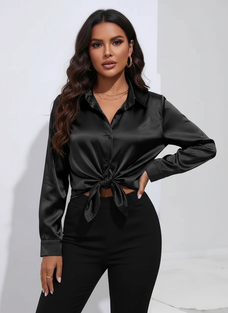 Satijnen blouse met kraag en knoopsluiting in zwart