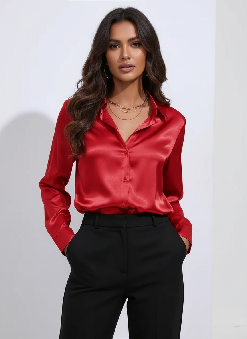 Satijnen blouse met kraag en knoopsluiting in rood
