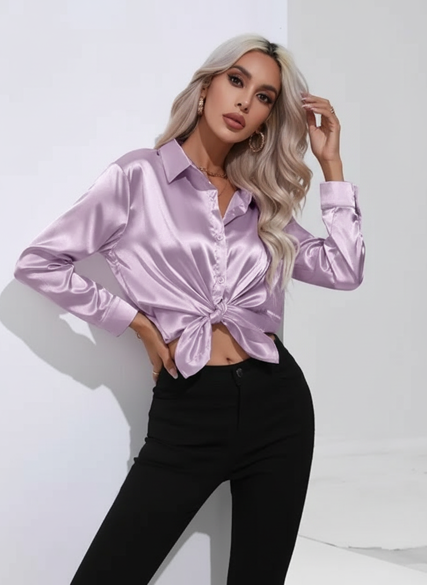 Satijnen blouse met kraag en knoopsluiting in lila