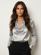 Blouse in satijnlook met watervalhals en subtiele glans voor dames in zilver