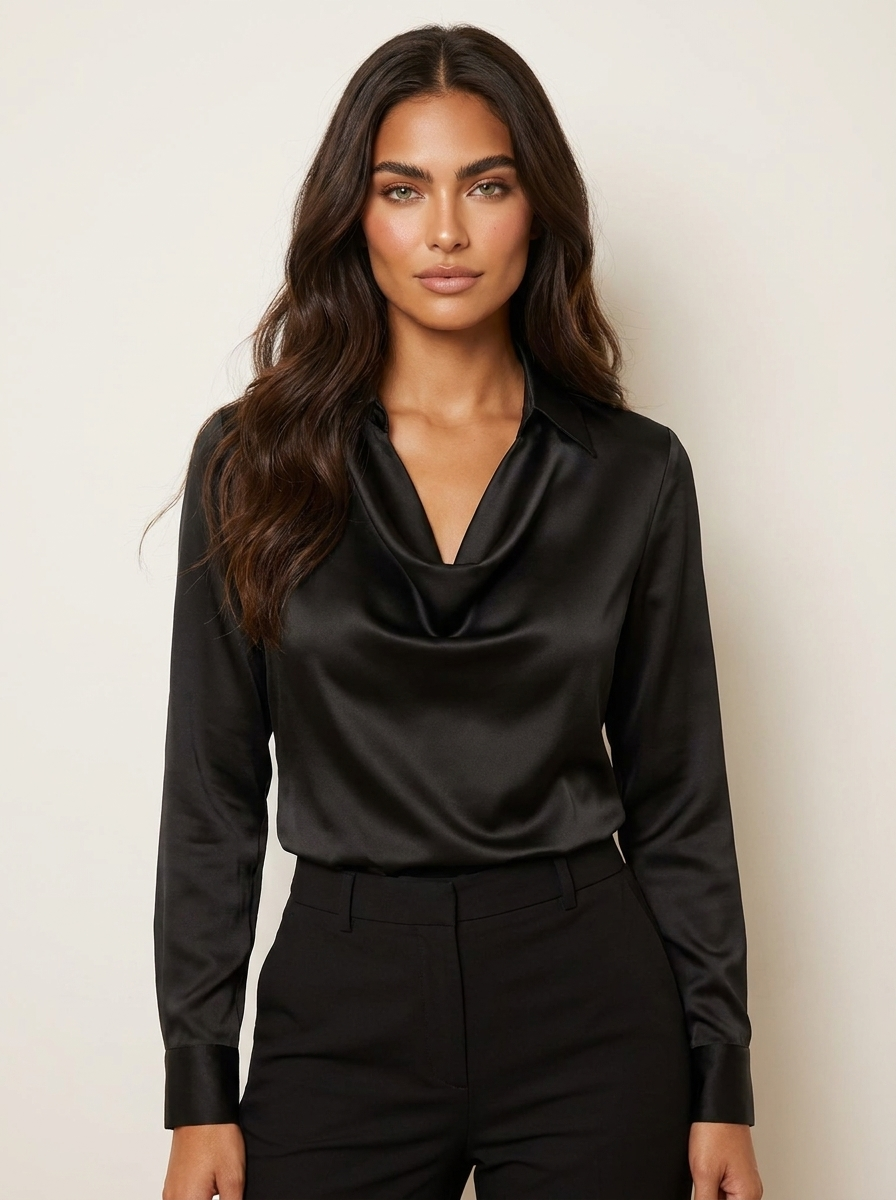 Blouse in satijnlook met watervalhals en subtiele glans voor dames in zwart