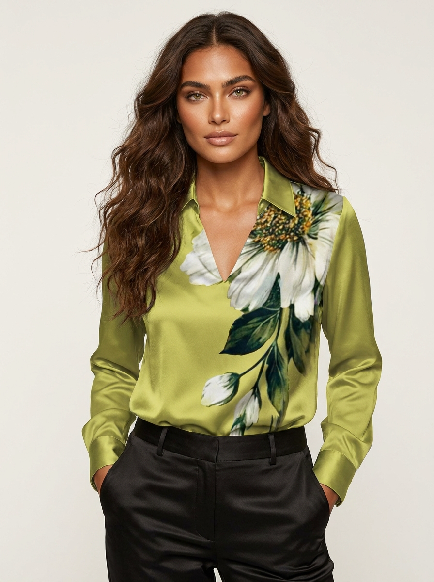 Blouse in satijnlook met watervalhals en subtiele glans voor dames in groen