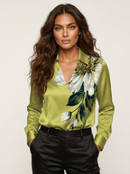 Blouse in satijnlook met watervalhals en subtiele glans voor dames in groen